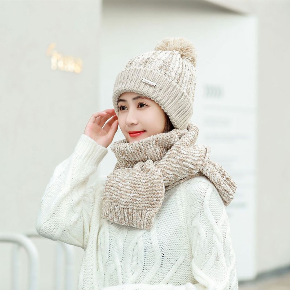 Winter Knit Pom Pom Hat with Neck Scarf - Picture 2 of 8